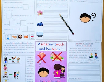 May include: A folded educational worksheet with German text and illustrations. The worksheet is divided into sections with titles like "Die Fastenzeit früher" and "Aschermittwoch und Fastenzeit." A pencil lies across the center.