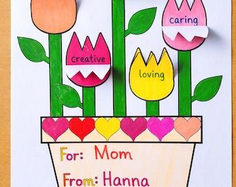 Utskrivbar blomkruka för mors dag, mors dag-present till barn, blompysselaktivitet, kort till mamma mormor, engelska för grundskolan
