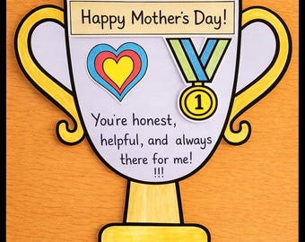 Mother’s Day Trophy Craft Printable, Mothers Day Hanging Trophy Card for Mom Grandma, Writing Activity Kids Classroom Gift ENGLISH