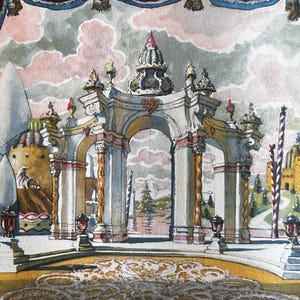 May include: A watercolor painting depicting a theatrical stage set design featuring a central white stone archway with ornate detailing. The scene includes a yellow building, a winding path, and a cloudy sky, framed by dark red curtains on both sides.