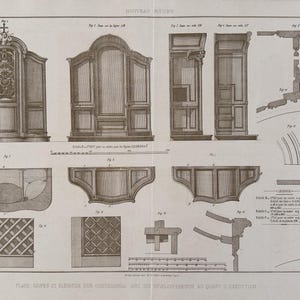May include: Detailed architectural drawings of a confessional, featuring various elevations, sections, and detailed components. The image includes multiple views of the confessional, including front, side, and top perspectives, with intricate carvings and design elements.