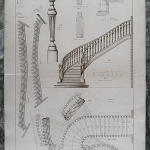 May include: A technical architectural print titled Elevation Plan et Developpement d'un Escalier Mixte, featuring detailed black and white line drawings of a curved staircase, including balusters, cross-sections, and structural measurements.