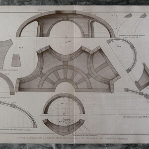 May include: A black and white architectural print featuring technical drawings of an ellipsoidal dome with cylindrical penetrations. The diagram includes various cross-sections, geometric projections, and labels such as NOUVEAU COURS and PL. 28 29.