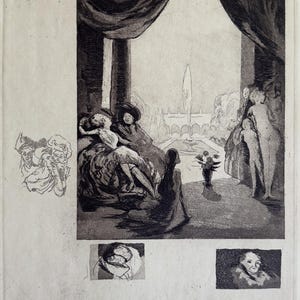 Op de afbeelding: Een zwart-wit ets die een scène met figuren in een interieur toont, die uitkijken op een tuin met een fontein. Het kunstwerk bevat gedetailleerde schaduwen en texturen, met extra schetsen in de marges.
