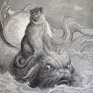 Gustave Doré - Incisione su legno originale del XIX secolo - La scimmia e il delfino - Favole di Esopo - Stampata intorno al 1890 - Stampa autentica