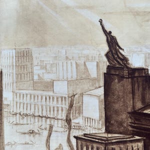 Wereldtentoonstelling Parijs 1937 - Grote originele afdruk - Dubbele paginaschets van de skyline van Parijs met paviljoens - Art-deco-architectuur - L'illustration
