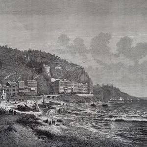 Nice - Original antique 19th-century wood engraving – View of port of Nice with coastline, boats, and hills – France/Italy – Print date 1877