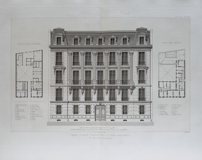 1877 - Large Original Architectural Copper Engraving - Elevation and ...