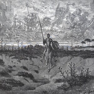 May include: A black and white engraving depicting a knight in armor riding a horse across a desolate landscape. The knight holds a long spear and a round shield. Above the horizon, the sky is filled with swirling, ethereal figures and clouds.