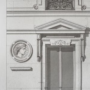 May include: A black and white architectural drawing of a building facade with a door, window, and a round medallion with a woman's face.