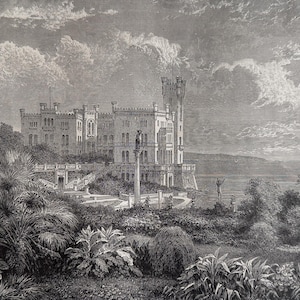 Antiktryck 1877: Miramare slott vid Adriatiska kusten, Trieste Italien - Original träsnitt