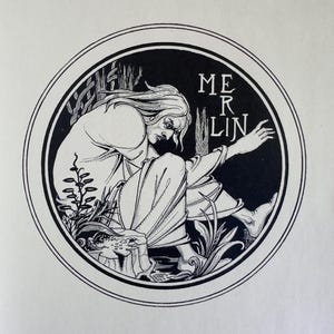 1901 - Aubrey Beardsley - Merlin - Original line block print - Illustration for Le Morte D&#39;Arthur by Sir Thomas Malory