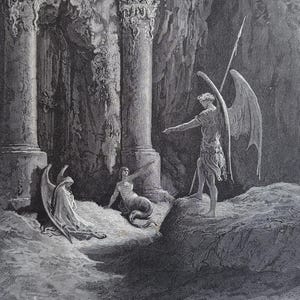 May include: A detailed black and white illustration depicting a dramatic scene. An angel with large wings stands on a rock, holding a spear. A mermaid-like figure reclines nearby, and another angel sits on the ground. Architectural columns are in the background.