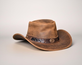 Handmade Vintage Brown Leather Cowboy Hat | Western Outback Style