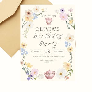 Floral Tea Party Geburtstag 5 x 7 Einladung, personalisierte bedruckbar, Mädchen Geburtstags-Wildblumen-Karte, digitaler Download, Frühling