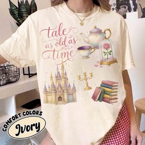 Camiseta "Cuento retro tan antiguo como el tiempo", camiseta de Disney "La Bella y la Bestia", camiseta Comfort Colors "Rosa Encantada", camiseta de princesa intelectual del castillo de Bella