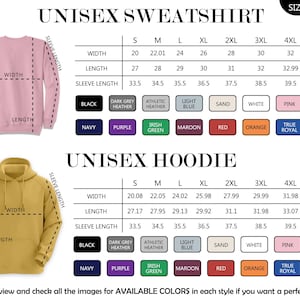The image is a size chart for a unisex sweatshirt, which includes a table with measurements for different sizes and a list of available colors.