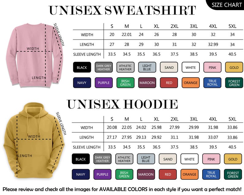 The image is a size chart for a unisex sweatshirt, which includes a table with measurements for different sizes and a list of available colors.