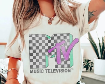 T-shirt MTV geruit noodlijdend retro-logo, T-shirt met vintage muziektelevisie, T-shirt met MTV-logo, retro MTV Wash Family-T-shirt uit de jaren 80 en 90