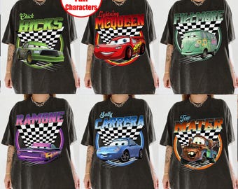 Disney Retro 90s Cars All Characters Lightning McQueen Checkerboard Racing Shirt, Lightning McQueen Tow Mater Sally Doc Hudson Fillmore Tee