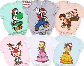 Maglietta natalizia personalizzata con tutti i personaggi Nintendo Super Mario, Mario Luigi Peach Principessa Babbo Natale Boo Donkey Kong Toad Yoshi
