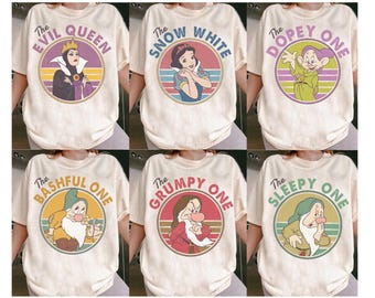 Maglietta retrò anni '90 Disney Biancaneve e i sette nani con tutti i personaggi, maglietta Il Brontolo, maglietta Il Cucciolo, maglietta personalizzata coordinata del gruppo Disney