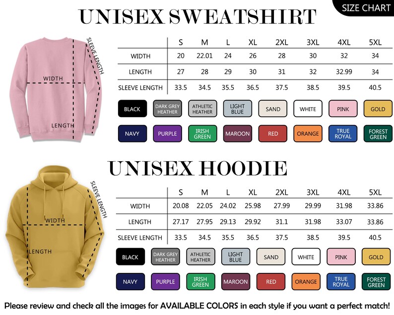 The image is a size chart for a unisex sweatshirt, which includes a table with measurements for different sizes and a list of available colors.