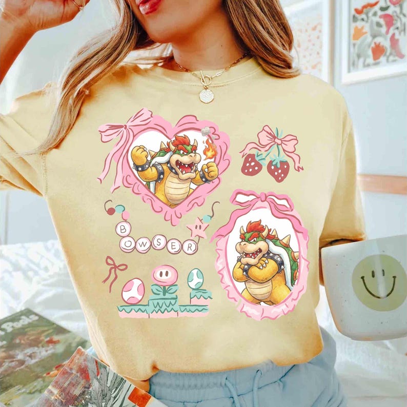 Maglietta con i personaggi del film Super Mario Galaxy e fiocco cocchi, maglietta Super Mario Luigi Peach Princess Trip, Universal World immagine 4