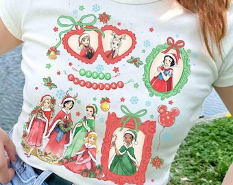 T-shirt Disney Princess Coquette Bows Christmas Lights, T-shirt Disneyland Princess, Belle Aurora Moana Assepoester kerstshirt, Disney Girl's Trip