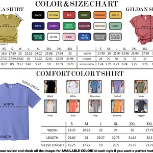 Op de afbeelding: Een kleur- en maattabel voor Bella, Gildan en Comfort Color t-shirts. Het toont diverse kleurstalen, illustraties van t-shirts met labels voor breedte, lengte en mouwlengte, en gedetailleerde maattabellen in inches voor de maten XS tot 5XL.