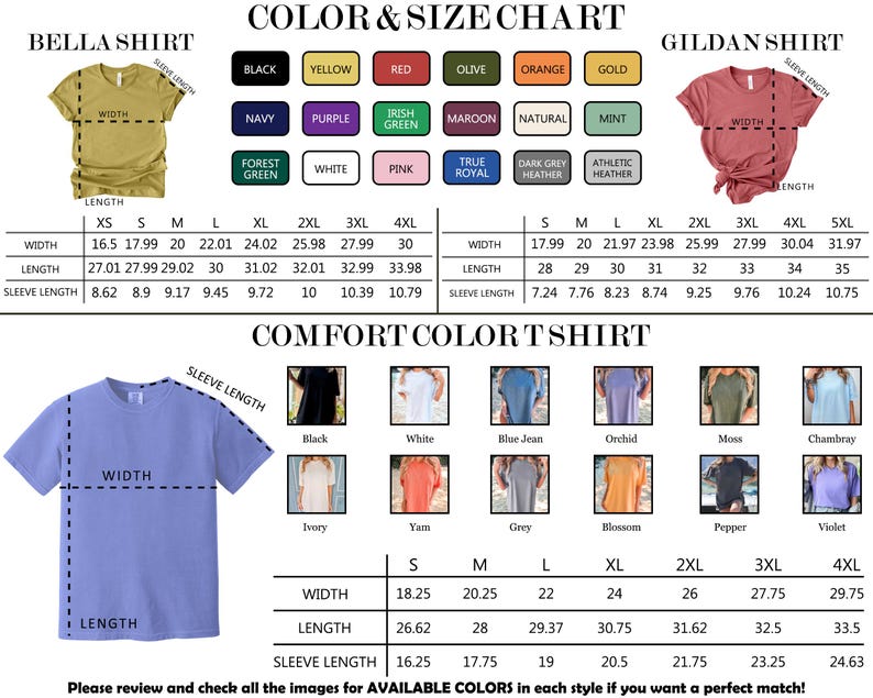Op de afbeelding: Een kleur- en maattabel voor Bella, Gildan en Comfort Color t-shirts. Het toont diverse kleurstalen, illustraties van t-shirts met labels voor breedte, lengte en mouwlengte, en gedetailleerde maattabellen in inches voor de maten XS tot 5XL.