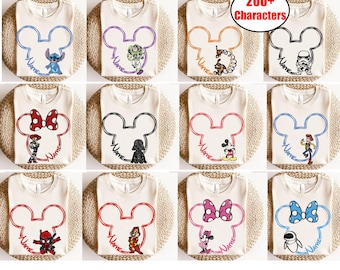 Anpassen der Skizze aller Disney-Charaktere, Familie passendes Hemd, benutzerdefinierter Name Mickey und Freund-T-Shirt, personalisiertes Disney-Gruppen-Matching-T-Shirt
