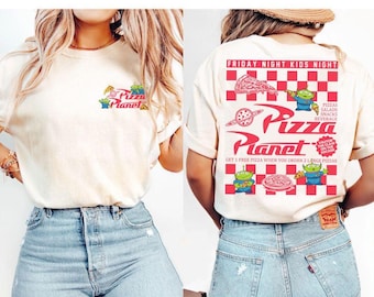 Camiseta de Disney Pixar Toy Story Pizza Planet Comfort Colors de 2 caras, camiseta de Little Green Aliens, WDW Hollywood Studios, camiseta para amantes de la pizza