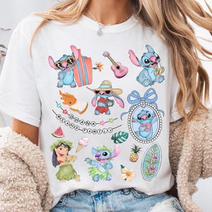 Kokette Bögen Aquarell Lilo und Stitch Pudge kontrolliert das Wetter-Shirt, niedliches Stitch Hawaii-Shirt, Disneyland-Familien-Matching-Shirt Bild 2