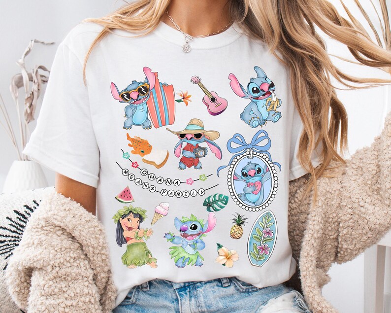 Kokette Bögen Aquarell Lilo und Stitch Pudge kontrolliert das Wetter-Shirt, niedliches Stitch Hawaii-Shirt, Disneyland-Familien-Matching-Shirt Bild 2