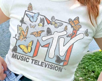 T-shirt MTV-logo veel vlinders, vintage muziek televisie comfort kleur T-shirt, shirt MTV-logo, retro jaren 80 en 90 MTV Family Matching T-shirt