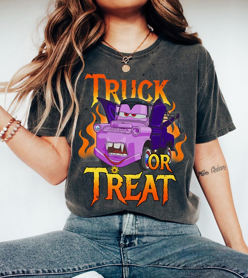 Disney Pixar Cars Halloween Tow Mater Vampire Truck Or Treat Shirt, Mater Halloween Costume T-shirt, Cars Halloween Group Matching Tee image 4