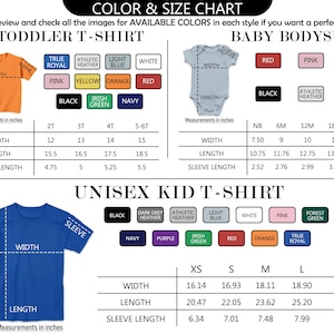 The image is a color and size chart for children's clothing, specifically for a toddler t-shirt and a baby bodysuit. The chart provides measurements for both the t-shirt and the bodysuit, along with color options and corresponding sizes.