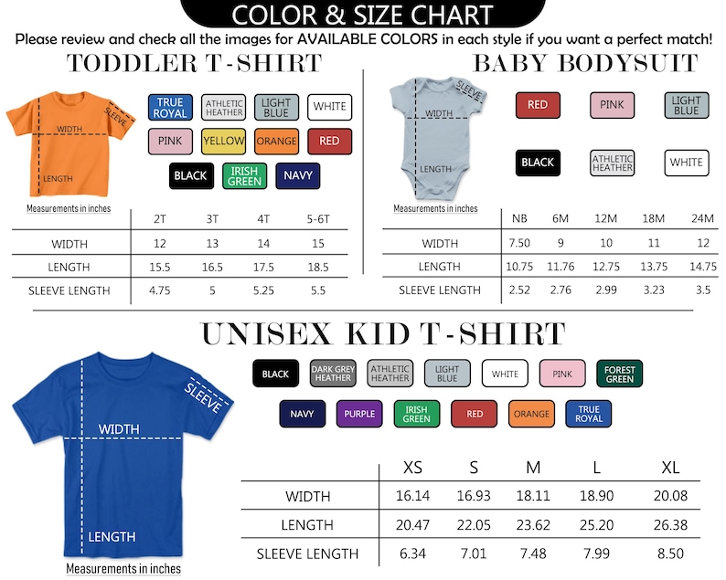 The image is a color and size chart for children's clothing, specifically for a toddler t-shirt and a baby bodysuit. The chart provides measurements for both the t-shirt and the bodysuit, along with color options and corresponding sizes.