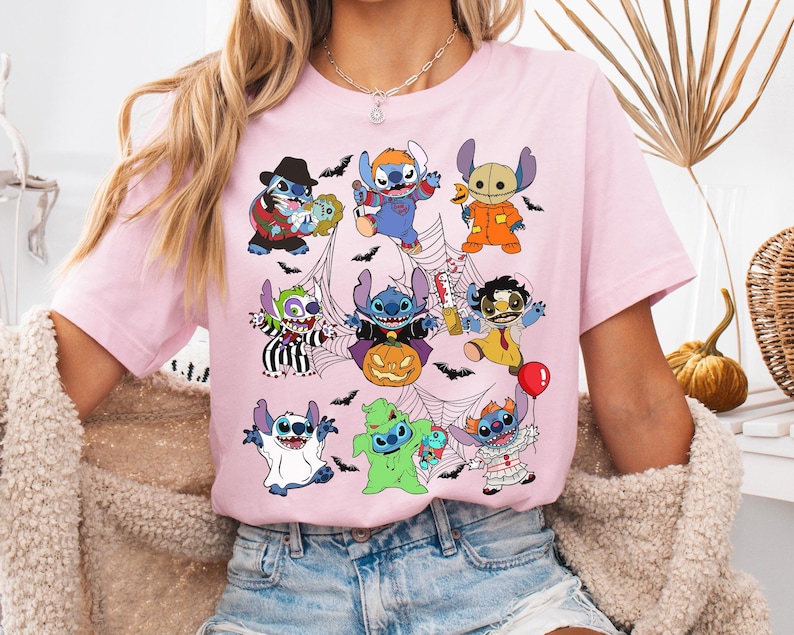 Vintage lustige Disney Stitch Kostüm Horror Charaktere Halloween T-Shirt, Lilo und Stitch Shirt, Süßes oder Saures, Disneyland Mickey's Not So Scary Bild 4