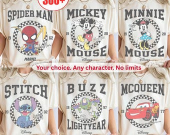 Retro Disney All Characters Checkered Signature Mickey and Friends Toy Story Princess, Marvel Star Wars Group Matching Tee, Stitch Chip Dale