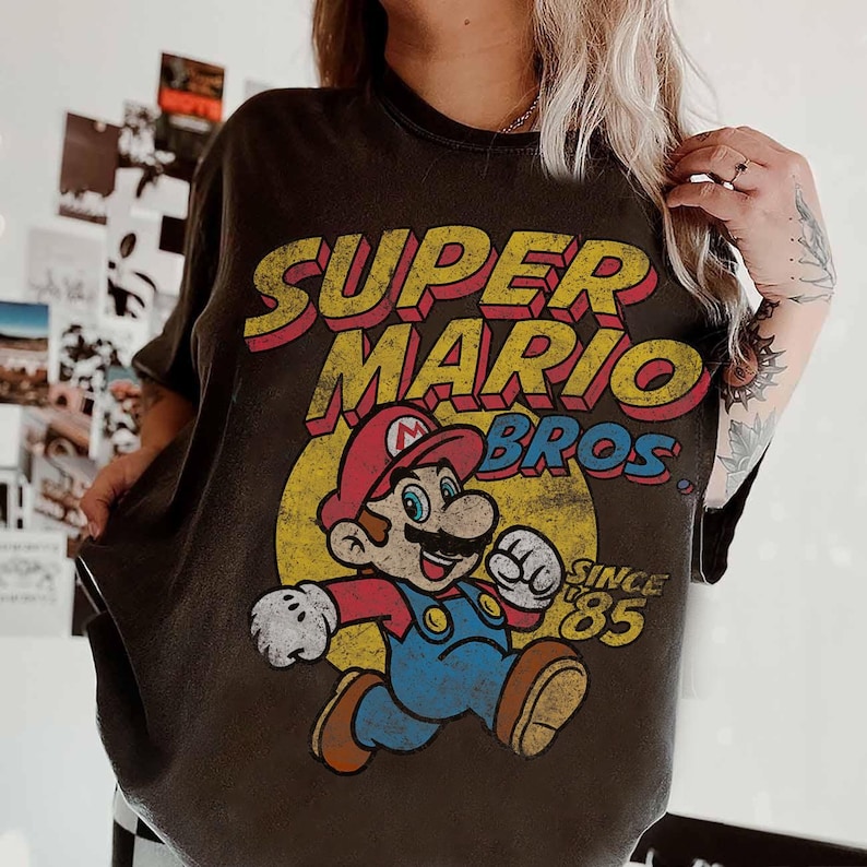 Vintage Super Mario Bros Gaming Funny Gamer T-Shirt, Mario Since 85 for Gamer, Universal Studios Hollywood Super Mario Costume Matching Tee image 1