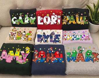 Maglietta personalizzata con tutti i personaggi di Super Mario, Mario, Luigi, Bowser, Peach e la Principessa, maglietta per bambini e bambine appassionati di videogiochi e compleanno.