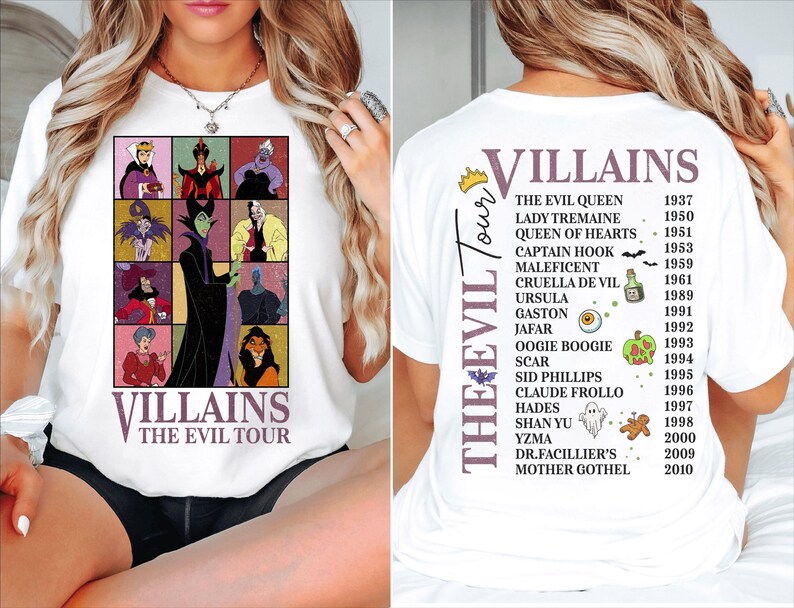 Dwustronna koszulka Disney Villains The Evil Tour, koszulka Disney Villains na Halloween, koszulka Evil Queen Maleficent Ursula, Disney Girl's Trip Halloween zdjęcie 2