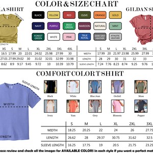 May include: A color and size chart for Bella, Gildan, and Comfort Colors t-shirts. The image displays various color swatches, t-shirt illustrations, and detailed measurement tables for width, length, and sleeve length in inches for each brand.