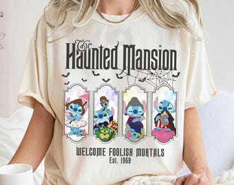 Funny Stitch Cosplay Disney Haunted Mansion Shirt, Welcome Foolish Mortals Stitch Disney Halloween Shirt, Hitchhiking Ghosts Tightrope Girl