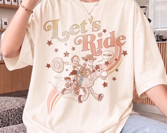 Retro Disney Pixar Toy Story Jessie & Woody Let's Ride Gradient Shirt, Woody Jessie Bullseye Tee, Toy Story Land Disneyland California Tee