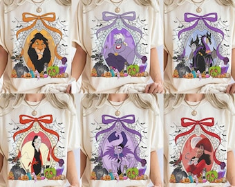 Disney Coquette Bow Villains Halloween Shirt, Bad Witches Tee, Maleficent, Evil Queen, Cruella, Ursula, Scar, Hades Coquette Halloween Tee