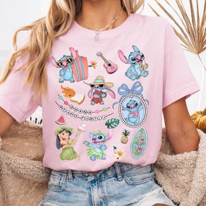 Kokette Bögen Aquarell Lilo und Stitch Pudge kontrolliert das Wetter-Shirt, niedliches Stitch Hawaii-Shirt, Disneyland-Familien-Matching-Shirt Bild 3