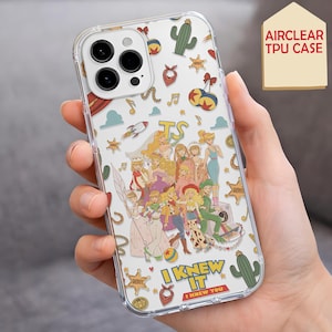 May include: A clear TPU phone case featuring a colorful pattern of cartoon characters, cacti, sheriff stars, bandanas, and musical notes. The design includes the text TS, I KNEW IT, and I KNEW YOU. The case has a cutout for a triple camera system.